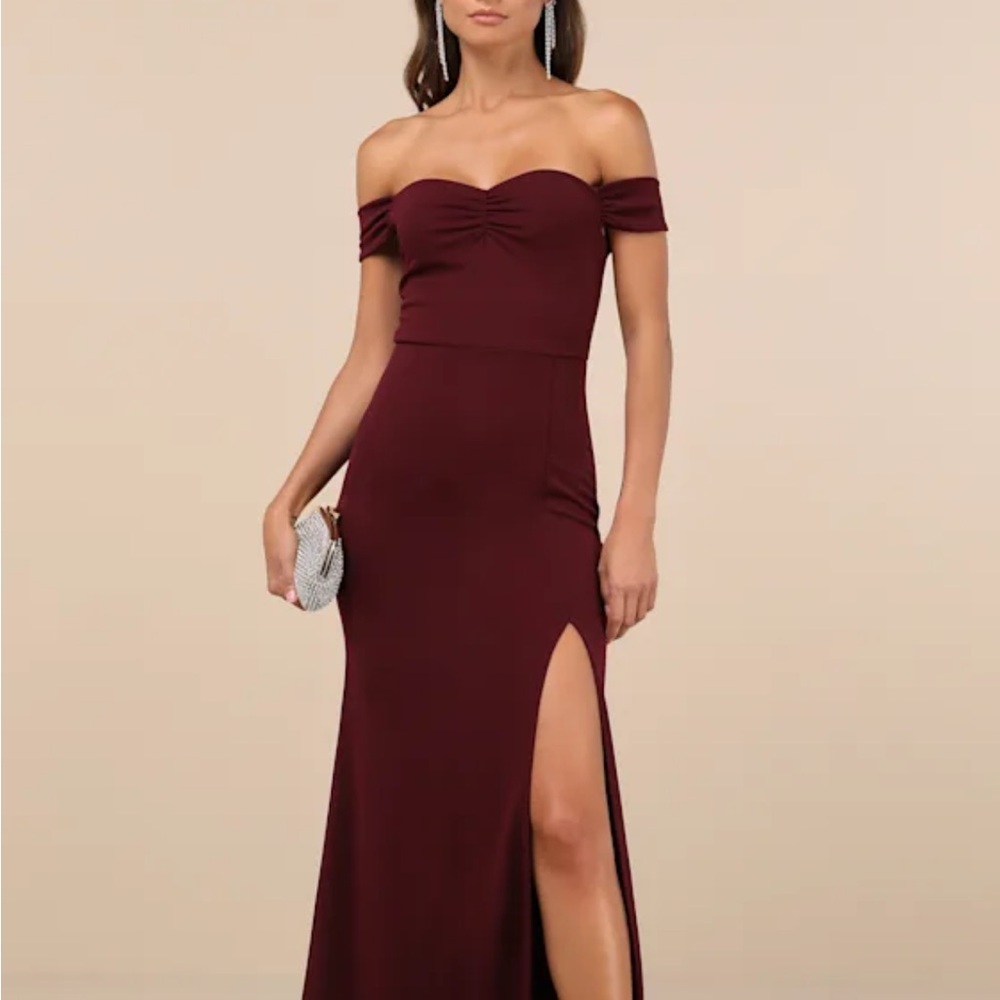 Lulu's Burgandy Off-Shoulder Maxi Gown for Weddings
